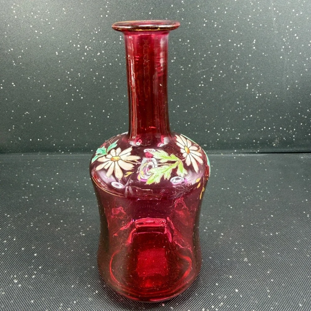 Antique Cranberry Glass Bud Vase Hand Painted Enamel Daisy Ruby Red 6.5inch